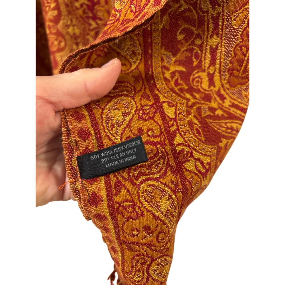 Red Gold Wool Silk Scarf Vintage 70” Long 28” Wide Fringe Shaw Wrap Boho Classic - Picture 2 of 4